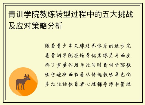 青训学院教练转型过程中的五大挑战及应对策略分析