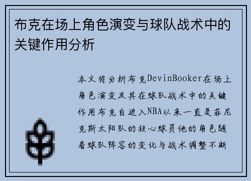 布克在场上角色演变与球队战术中的关键作用分析