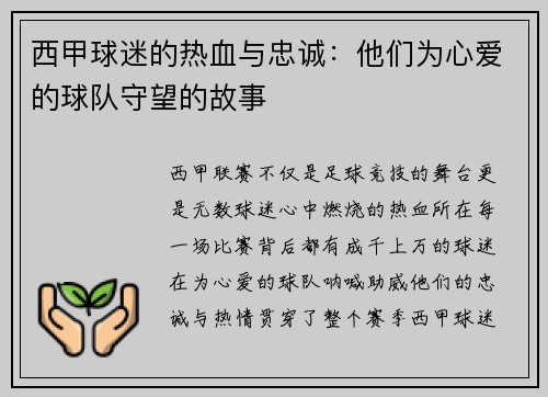 西甲球迷的热血与忠诚:他们为心爱的球队守望的故事 西甲球迷的热血与忠诚:他们为心爱的球队守望的故事