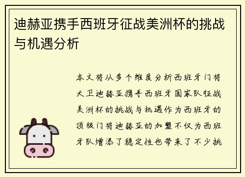 迪赫亚携手西班牙征战美洲杯的挑战与机遇分析